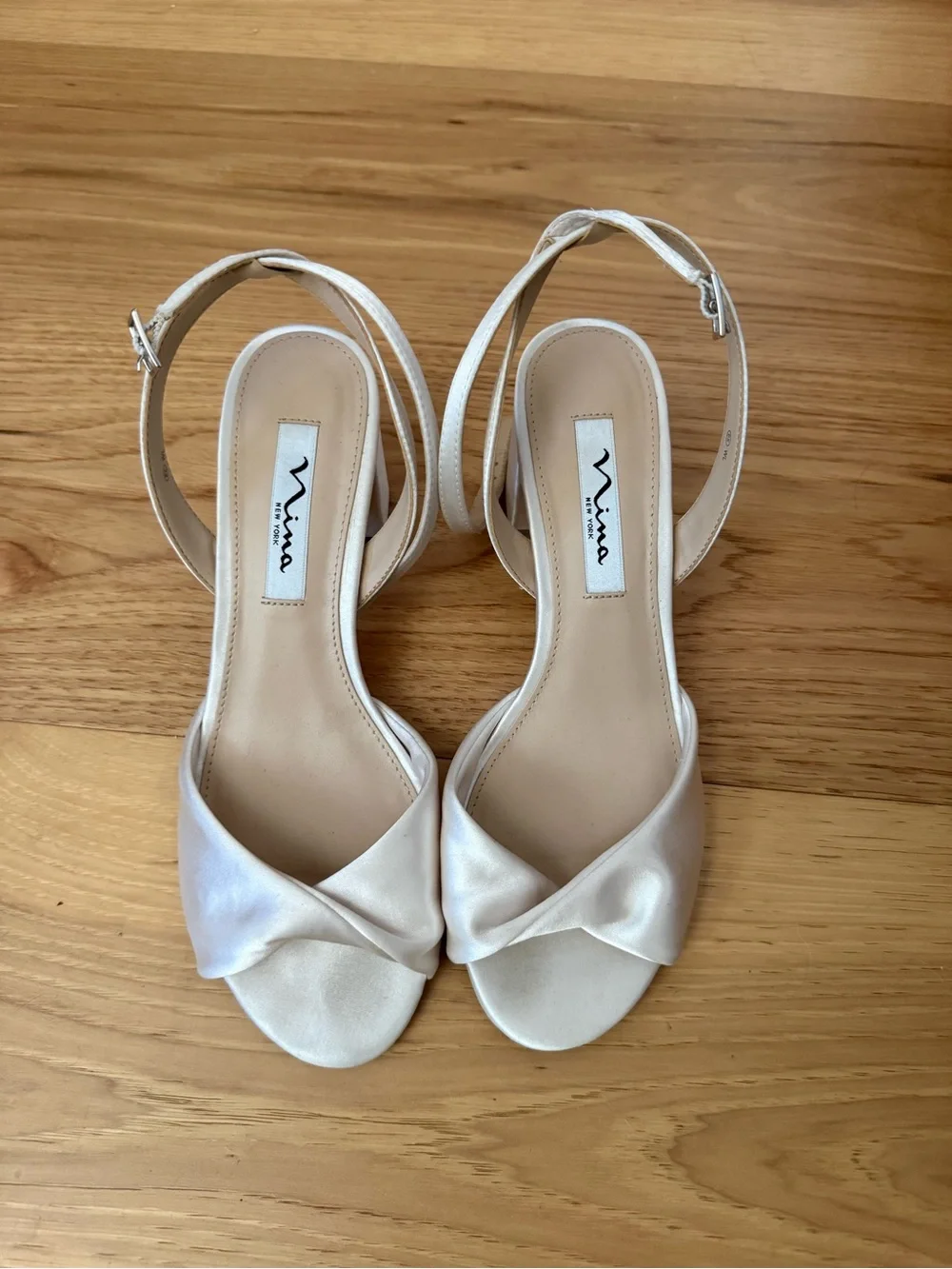 Nina Ivory Satin Block Heel Sandals -